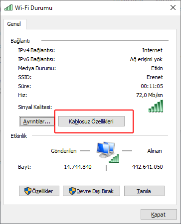 Wi-Fi Durumu - "Kablosuz Özellikleri" Wi-Fi Durumu - "Kablosuz Özellikleri"